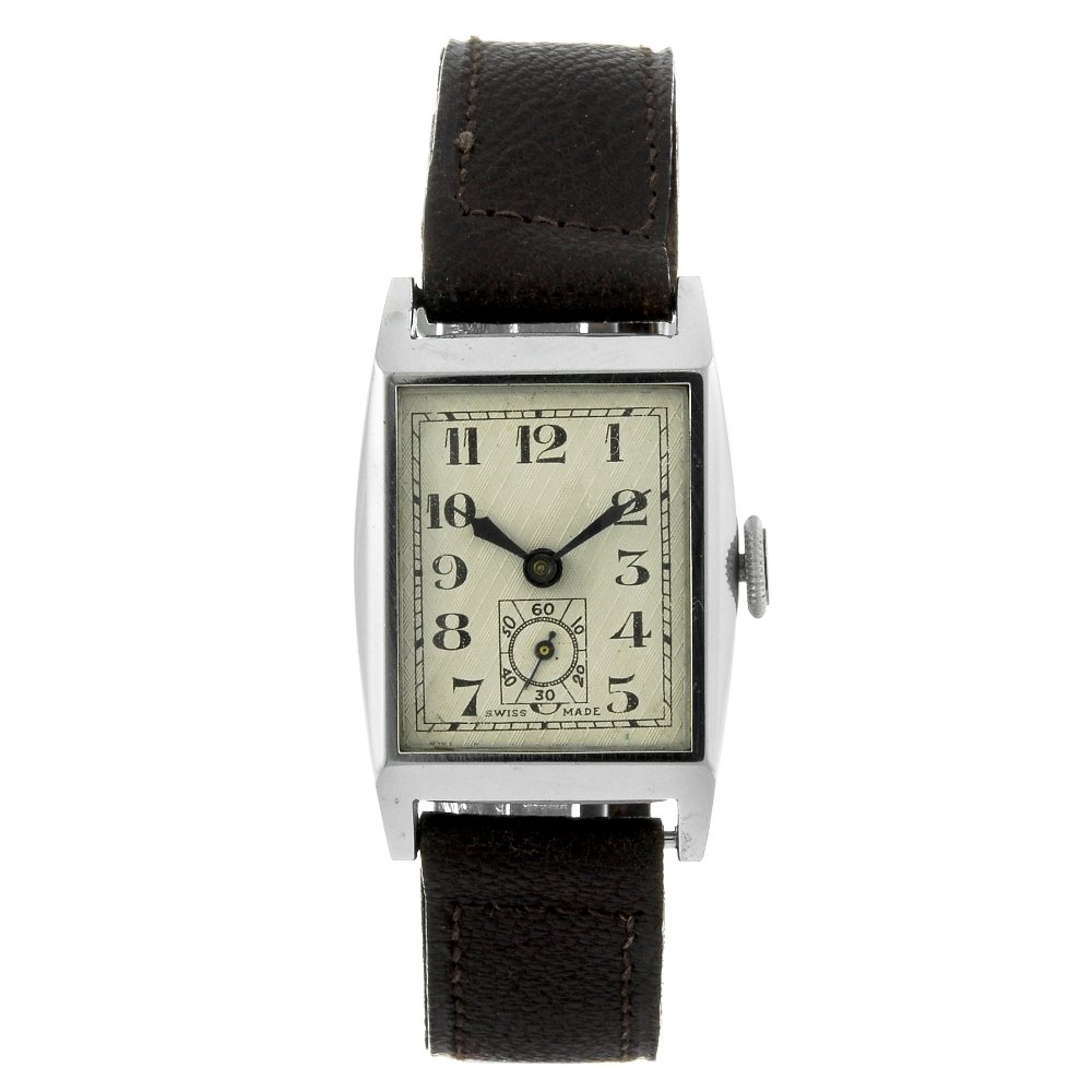A gentleman's base metal wrist watch.: A gentleman's wrist watch. Unsigned manual wind movement. Silvered dial with Arabic numeral hour markers, subsidiary seconds dial to six. Base metal case fitted to an unsigned brown strap with base me