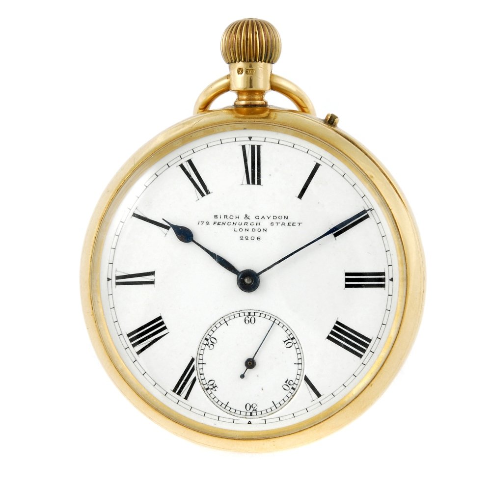 An 18ct gold open face pocket watch by Birch & Gaydon.: An open face pocket watch by Birch & Gaydon. Hallmarked London 1891. Signed keyless wind three quarter plate movement with ratchet tooth lever escapement. White enamel dial with Roman numeral hour mar