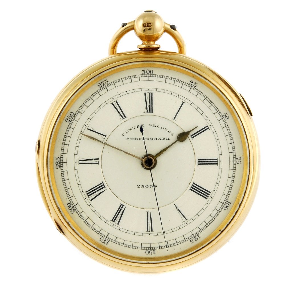 An 18ct yellow gold open face centre seconds pocket: An open face centre seconds pocket watch. Hallmarked London 1879. Numbered 23004. Unsigned three quarter plate key wind movement with ratchet tooth lever escapement. White enamel dial with Roman numer