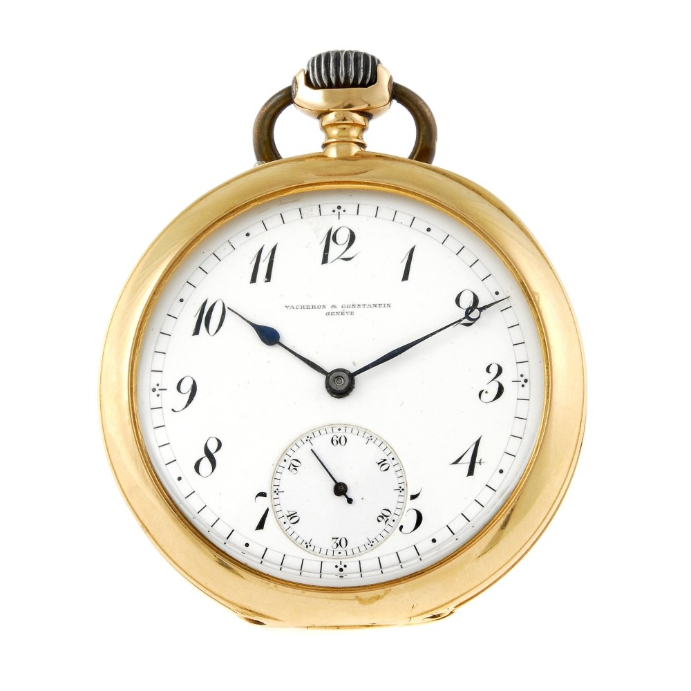 An open face yellow metal pocket watch by Vacheron: An open face pocket watch by Vacheron Constantin. Signed fifteen jewel keyless wind movement with club tooth lever escapement. White enamel dial with Arabic numeral hour markers, subsidiary seconds di