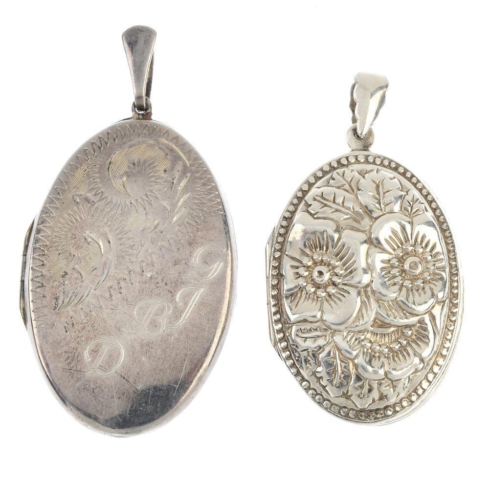 A selection of six lockets.: A selection of six lockets. To include a floral embossed oval-shape locket, a rectangular-shape locket with raised deer detail, an oval-shape floral engraved locket, suspended from a curb-link chain, 