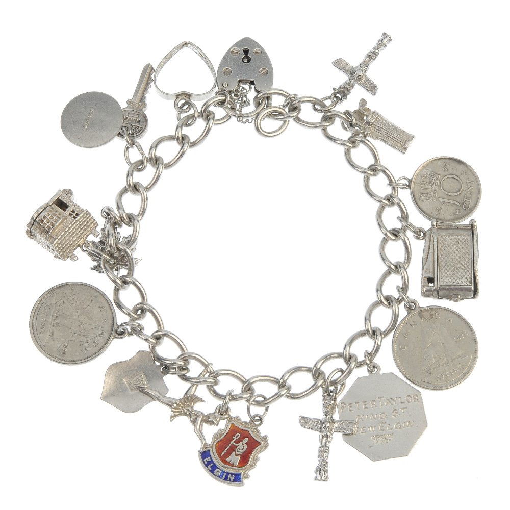 Four charm bracelets.: Four charm bracelets. The curb-link bracelets suspending a total of forty-eight charms, to include a rocking horse, a robot and a hedgehog. Most with marks to indicate silver. Lengths 17 to 19cms. Tot