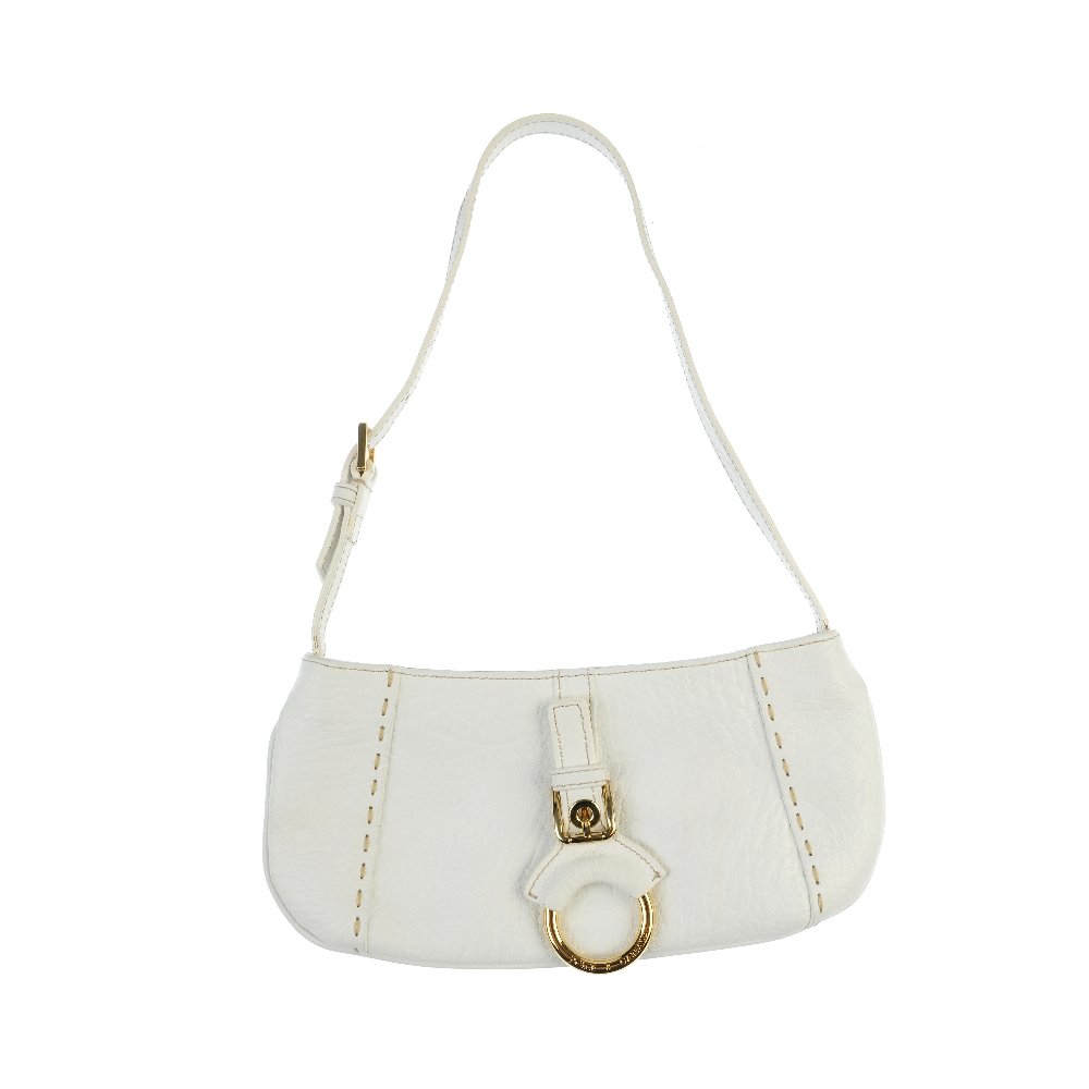 DOLCE & GABBANA - a white leather buckle shoulder bag.: DOLCE AND GABBANA - a white leather buckle shoulder bag. Featuring a single adjustable strap, gold-tone hardware, front buckle embellishment, top zip closure and leopard print interior lining. Measuri