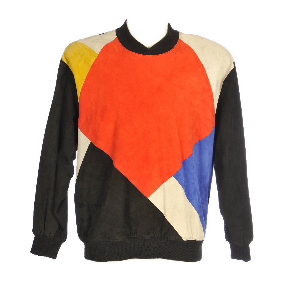 HERMES - a gentlemen's lambskin sweater.: HERMES - a gentlemen's lambskin sweater. Featuring a bold geometric block coloured design, shoulder pads, and a black satin lining. Labelled Hermes Paris, size 54.