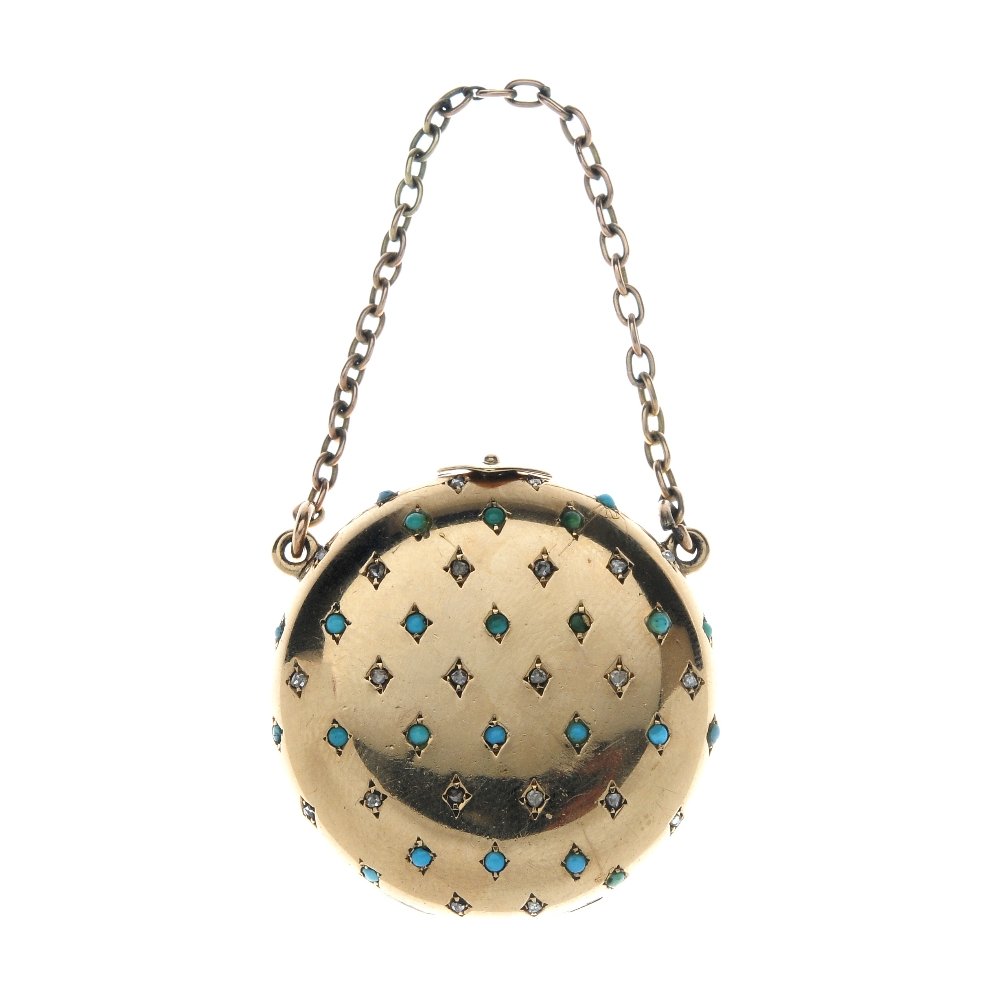 An early 20th century 9ct gold turquoise and diamond: An early 20th century 9ct gold turquoise and diamond locket. Of circular outline, the front panel inset with circular turquoise cabochons and diamond points, suspended from a trace-link chain. Diamete