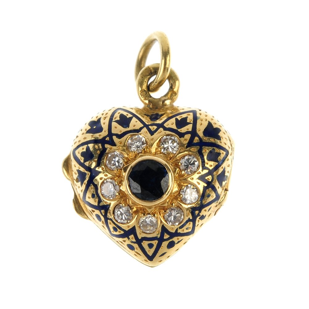 An 18ct gold sapphire, diamond and enamel heart locket.: An 18ct gold enamel and gem-set heart locket. The circular-shape sapphire and brilliant-cut diamond surround, within a dark blue enamel lattice motif, to the floral engraved reverse and surmount loop.