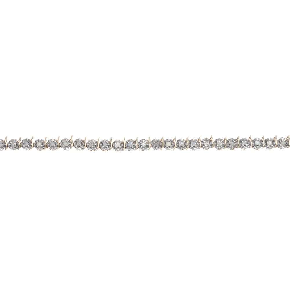 A 9ct gold diamond line bracelet.: A 9ct gold diamond line bracelet. Designed as a series of single-cut diamonds, each within an illusion setting, to curved spacers. Estimated total diamond weight 1ct. Hallmarks for Sheffield. Length 1