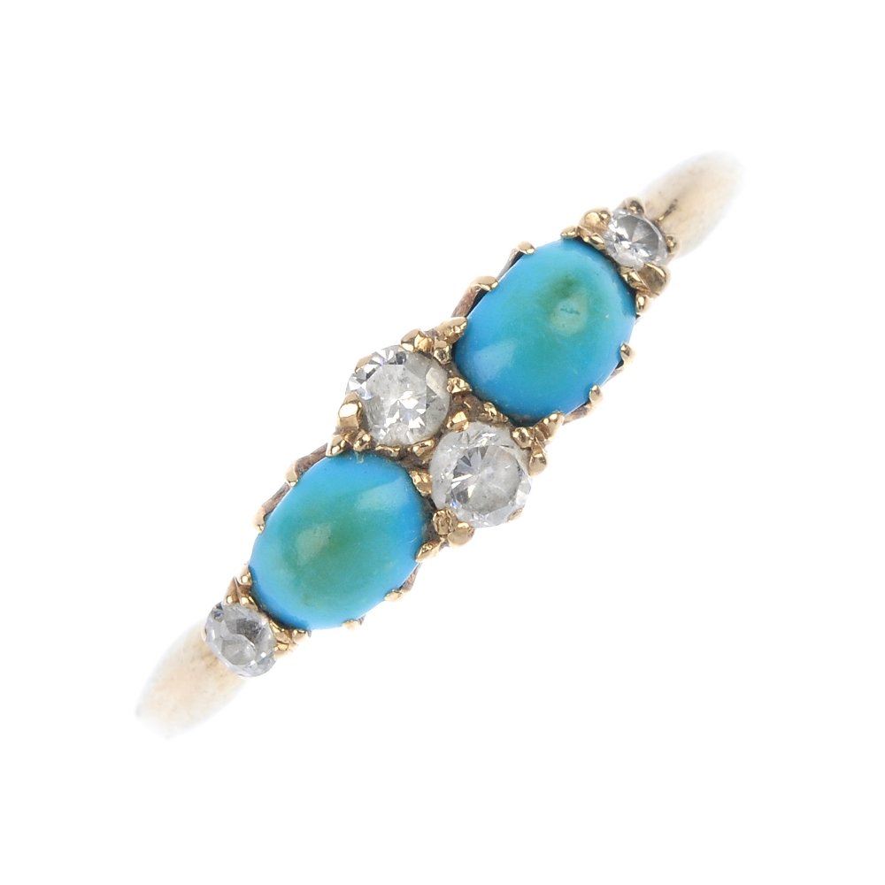 An early 20th century 18ct gold turquoise, diamond and: An early 20th century 18ct gold turquoise, diamond and paste dress ring. The oval turquoise cabochons, interspaced with vari-cut diamonds and colourless paste, to the plain band. Weight 1.9gms.