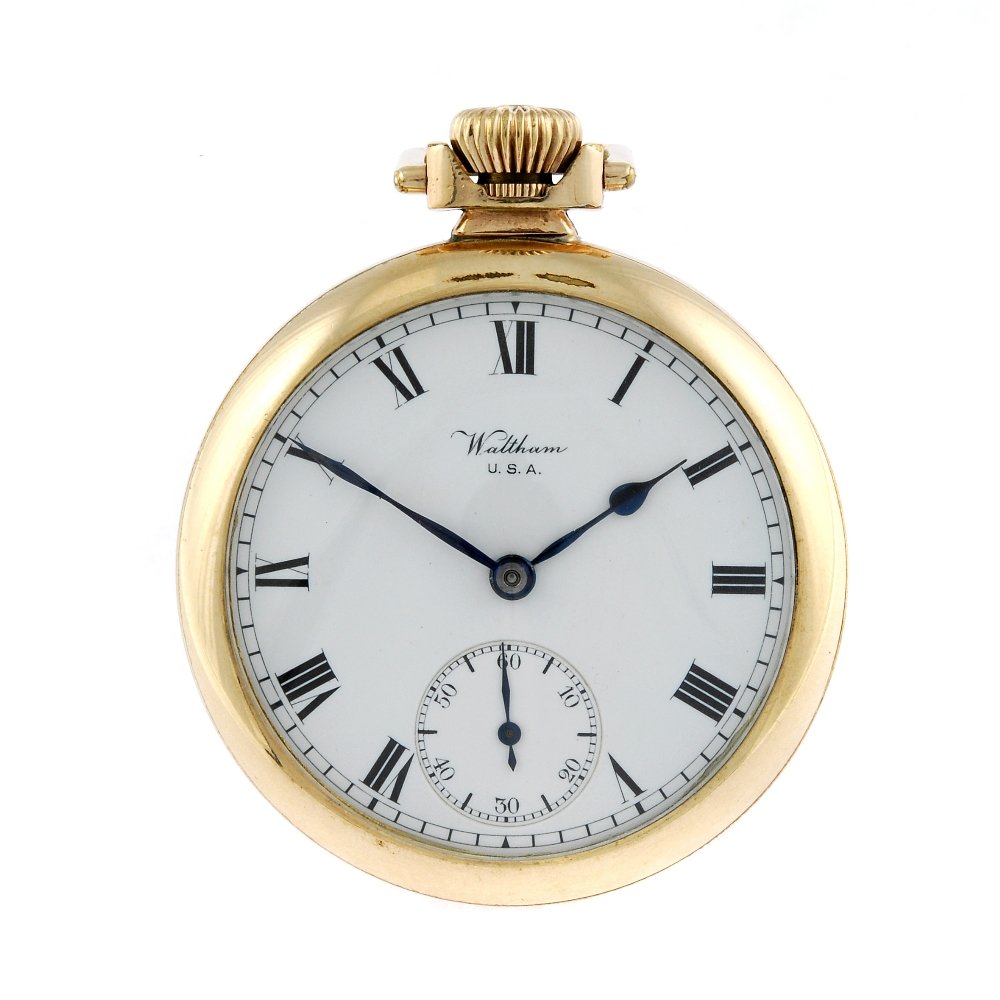 A gold plated open face pocket watch by Waltham.: An open face pocket watch by Waltham. Numbered 4530967. Signed keyless wind movement with ratchet tooth lever escapement. White enamel dial with Roman numeral hour markers, subsidiary seconds dial to