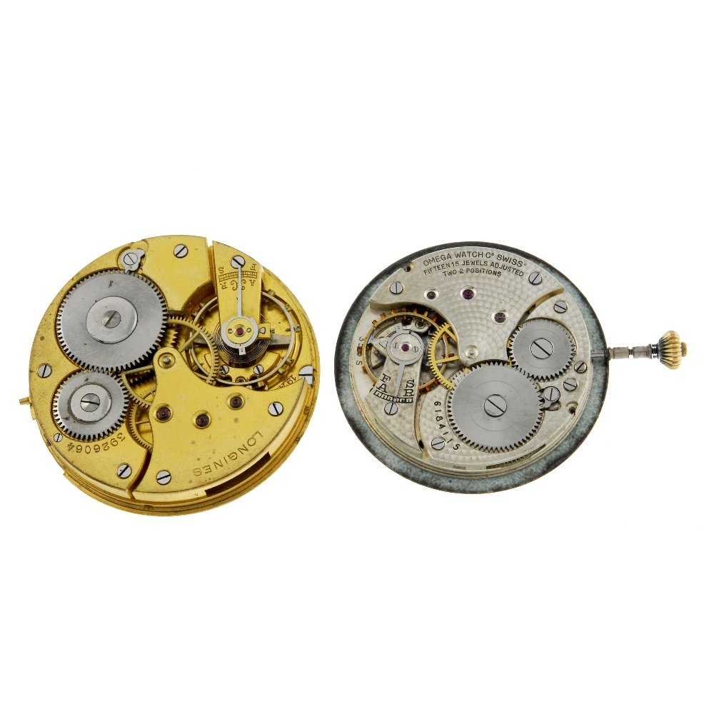 A pair of pocket watch movements by Omega & Longines.: A pair of pocket watch movements with dials. One signed Omega the other signed Longines. Recommended for spares and repair purposes only.
