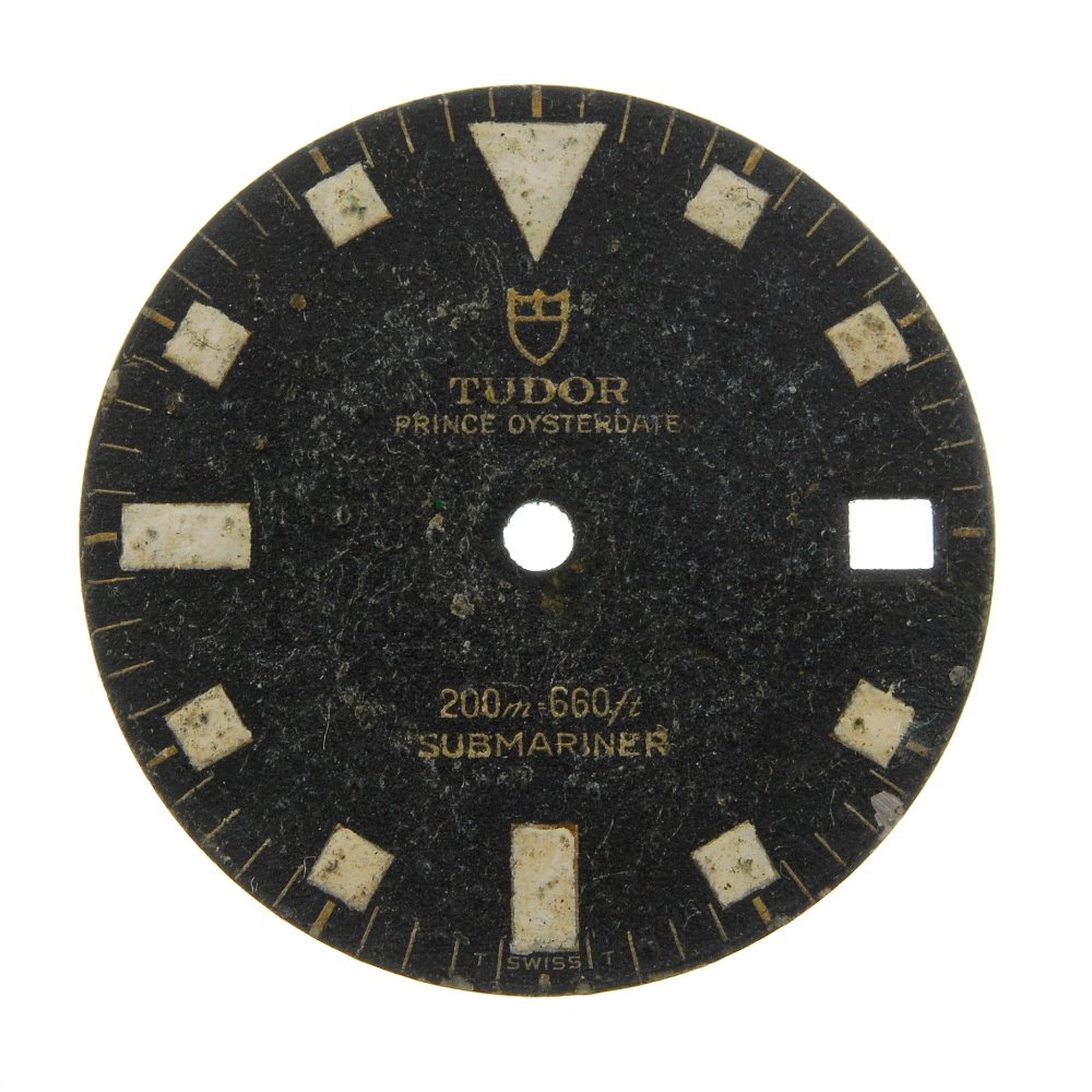 TUDOR - a Prince Oysterdate Submariner dial.: TUDOR - a black dial with cube and baton hour markers for a Prince Oysterdate Submariner.