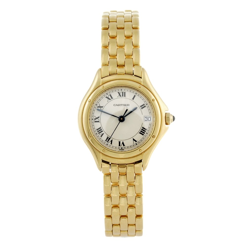 CARTIER - a yellow metal Cougar bracelet watch.: CARTIER - a Cougar bracelet watch. Yellow metal case, stamped 750 with poincon. Numbered 887906 002566. Signed quartz calibre 687. Silvered dial with Roman numeral hour markers, date aperture to three