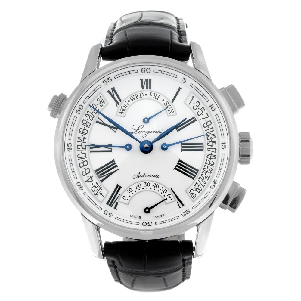 LONGINES - a gentleman's stainless steel Heritage: CURRENT MODEL: LONGINES - a gentleman's Heritage Retrograde wrist watch. Stainless steel case with exhibition case back. Reference L4.797.4, serial 36266776. Signed automatic calibre L698.2. White dia