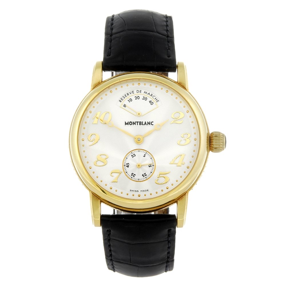 MONTBLANC - a gentleman's 18ct yellow gold Meisterstck: MONTBLANC - a gentleman's Meisterst?ck wrist watch. 18ct yellow gold case. Reference 7007, serial CC 57971. Signed manual wind calibre 4810/901. Silvered dial with Arabic numeral hour markers, power r