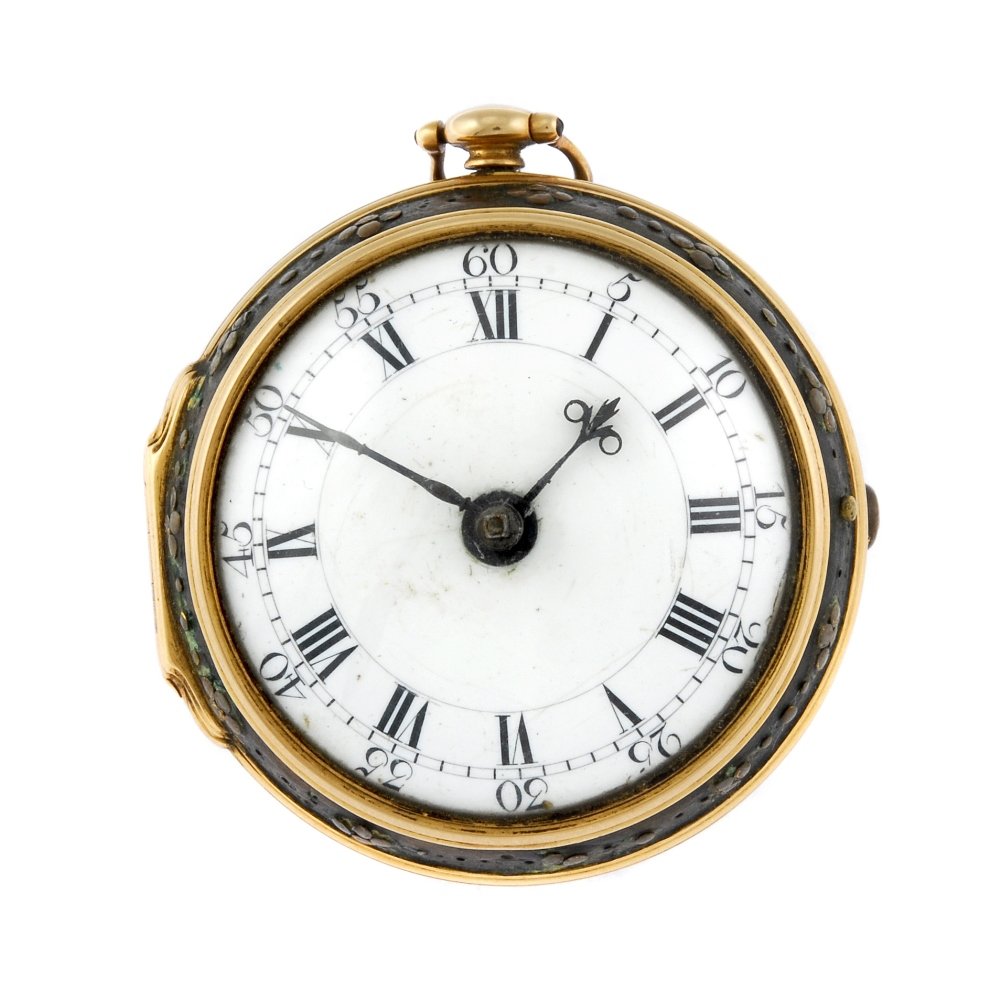 A shell open face pocket watch by A.Hare.: An open face pocket watch by A. Hare. Shell case. Signed key wind full plate fusee and chain movement with verge escapement, pierced balance cock and square baluster pillars. White enamel dial with Ro