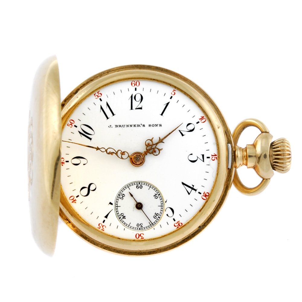 A yellow metal full hunter fob watch by J Brunner's: A full hunter fob watch by J Brunner's Son's. Yellow metal case with diamond stud in case back, stamped 14k. Signed keyless wind seventeen jewel movement with club tooth lever escapement. White enamel