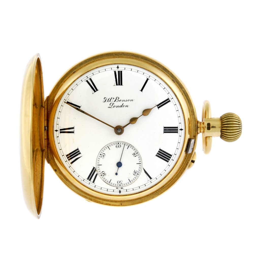 An 18ct yellow gold half hunter pocket watch.: A half hunter pocket watch by J.W Benson. 18ct yellow gold case with a monogram engraved to case back, hallmarked London 1910. Signed keyless wind three quarter plate movement with ratchet tooth lever