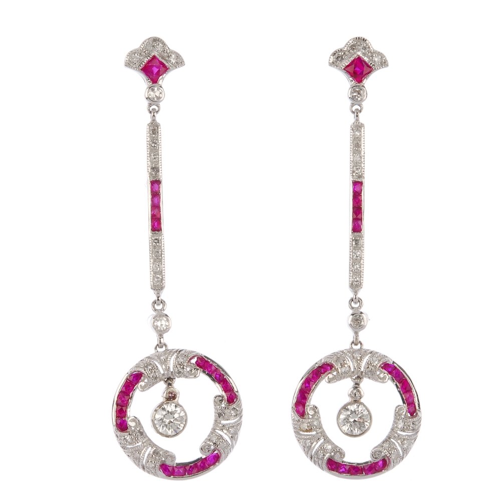 A pair of diamond and ruby ear pendants. (1 of 2)