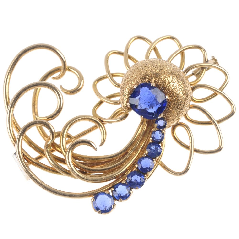 A mid 20th century Burmese sapphire floral brooch. (1 of 4)