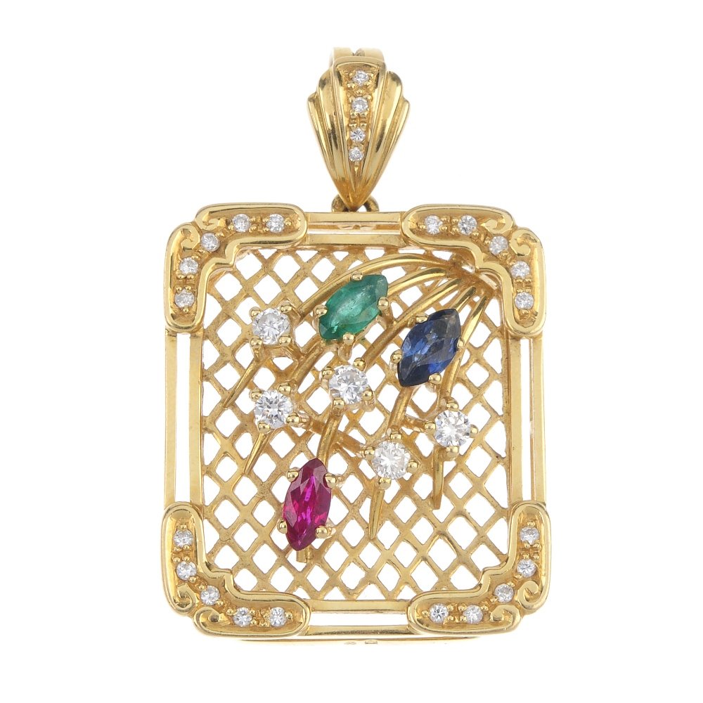 A gem-set and diamond floral pendant. (1 of 2)