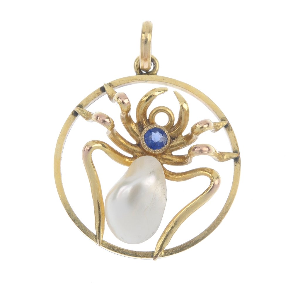 A selection of 9ct gold jewellery.: A selection of 9ct gold jewellery. To include an early 20th century sapphire and blister pearl spider pendant, a moonstone pendant, together with two fancy-link bracelets. Bracelets with hallmarks for
