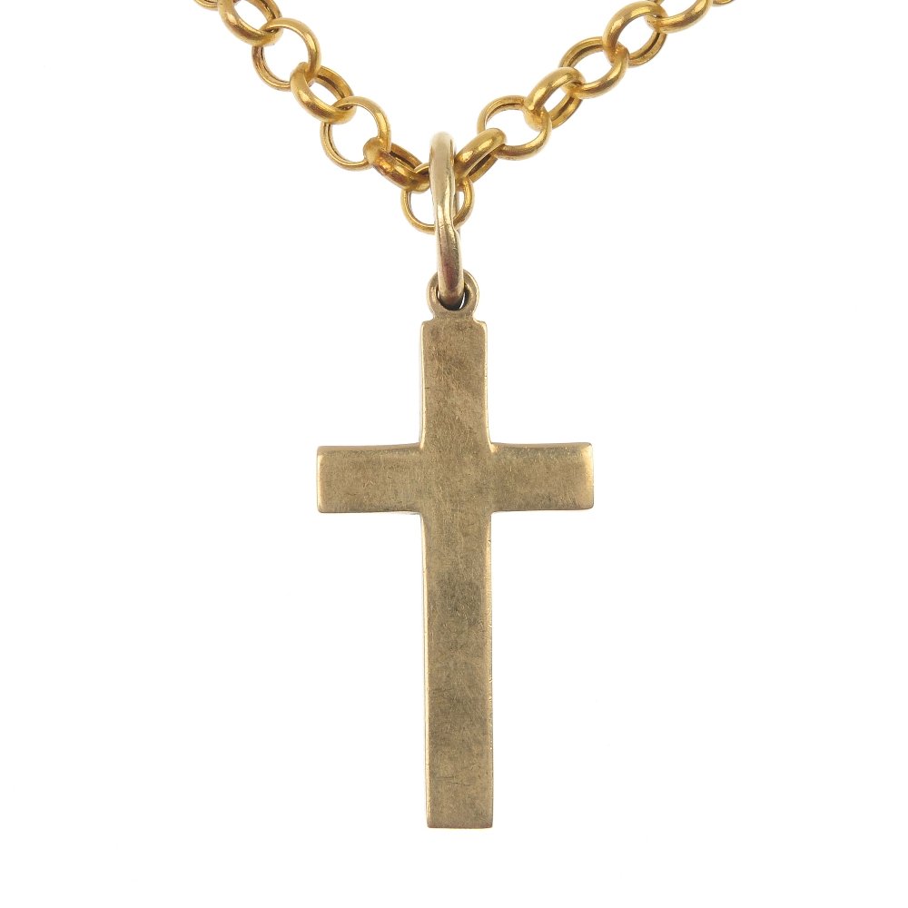 A selection of jewelley.: A selection of jewellery. To include two 9ct gold hollow figaro-link bracelets and a cross pendant suspended from a 9ct gold fancy-link chain. Three with hallmarks for 9ct gold. Total weight 18.6gms.