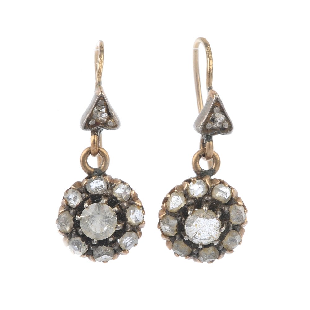 A pair of paste and diamond dropper earrings.: A pair of paste and diamond ear pendants. Each designed as a rose-cut diamond cluster, to the rose-cut diamond surmount. One principal replacement paste. Length 2.3cms. Weight 2.9gms.
