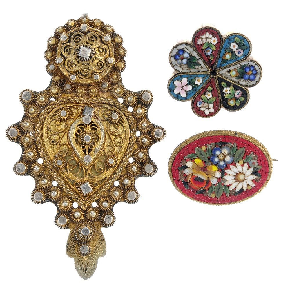 Two micro mosaic brooches and filigree pendant. (1 of 2)
