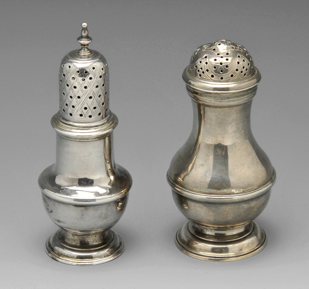 Two George II silver casters by Benjamin West & Samuel: Two George II silver casters, the first of plain baluster form with removable lid having simple drilled holes against a diaper pattern, hallmarked Samuel Wood, London 1744, the second bun top caster a