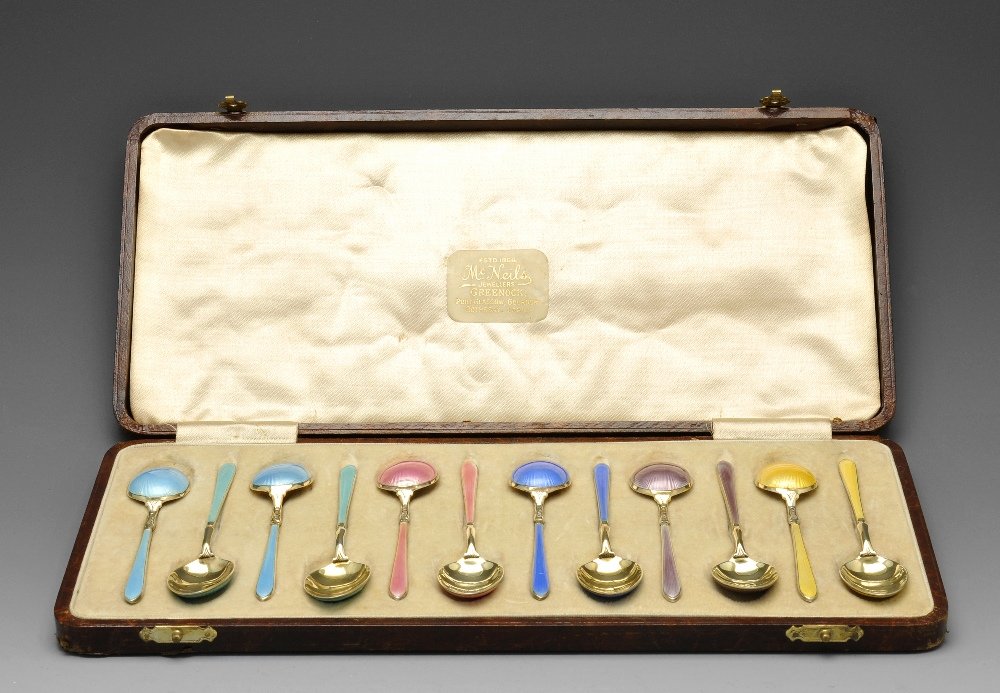 A cased set of 1930's silver gilt & enamel coffee (1 of 3)