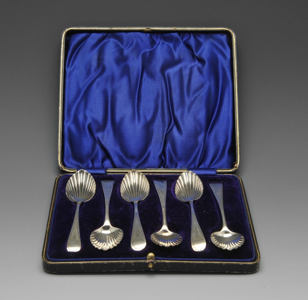A George III composite set of silver teaspoons, etc.: A George III composite set of silver teaspoons with shell bowls and bright-cut engraved stems, hallmarked London 1807, 1808 and 1814, three with the maker's mark for Sarah & John William Blake. Togeth