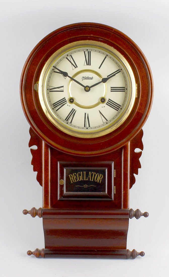 A box containing a reproduction stained wood cased drop: A box containing a reproduction stained wood cased drop dial regulator wall clock, a mid-20th century wooden cased mantel clock, marquetry wall panel, a set of stag handled knives in fitted case, plus