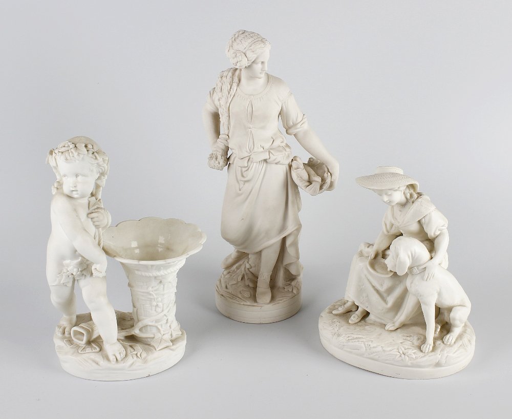 A small box containing various items of Parian ware.: A small box containing various items of Parian ware, to include a figure modelled as a fisherwoman carrying basket of fish and net slung over shoulder, 13.5" (34.5cm) high, a small bust of Queen Victo