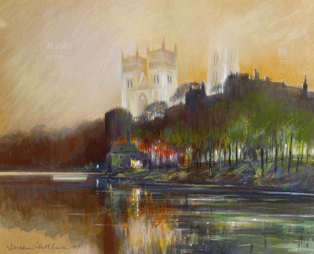A framed and glazed pastel and watercolour study depict: A framed and glazed pastel and watercolour study depicting Durham cathedral, indistinctly signed and dated 1988, 16.5" x 21" (42cm x 53.25cm). Together with Dion Pears, oil on canvas, depicting huntsm