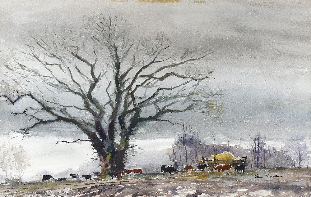 John Mortimer (20th century): John Mortimer (20th century) Depicting stark field scene with cattle Watercolour Signed lower right hand corner 21" x 13" (53.25cm x 33cm) Framed under glass