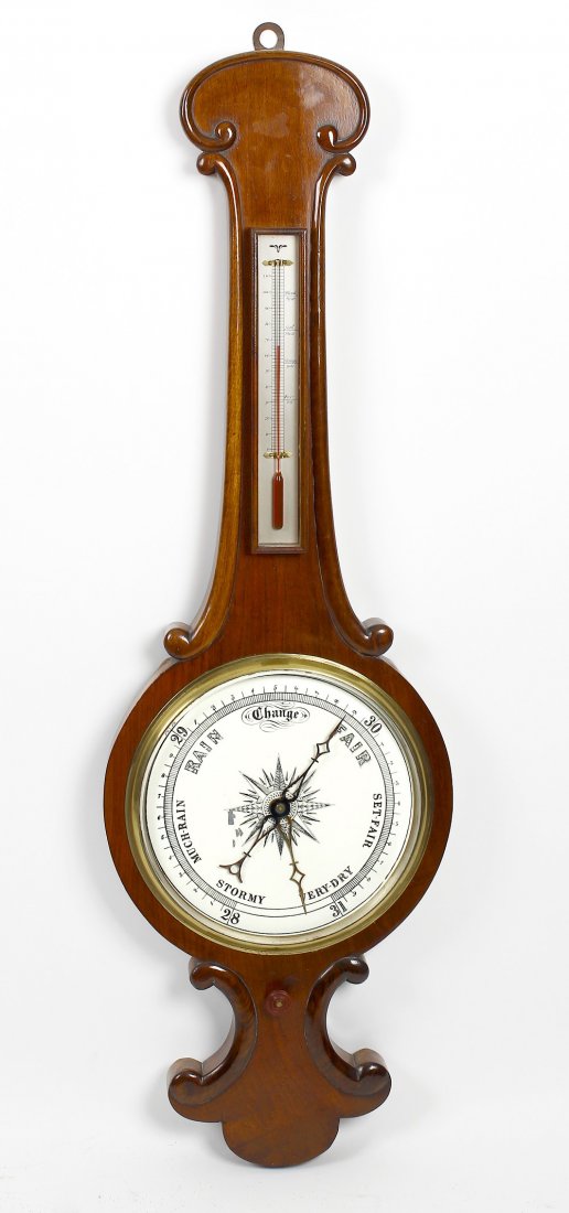 Three 19th century rosewood veneered wall hanging wheel: Three 19th century rosewood veneered wall hanging wheel or banjo barometers, each with silvered thermometer scale above circular dial.