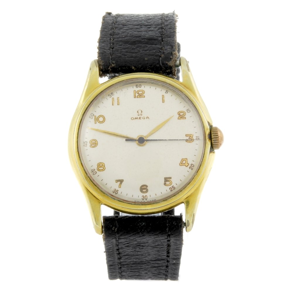 OMEGA - a gentleman's gold palted wrist watch.: OMEGA - a gentleman's wrist watch. Gold plated case with stainless steel case back. Numbered 2328 4. Signed manual wind movement. Silvered dial with Arabic numeral hour markers. Fitted to an unsigned 