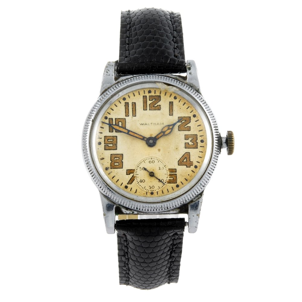 WALTHAM - a base metal military issue wrist watch.: WALTHAM - a base metal military issue wrist watch. Base metal case. Stamped ORD.DEPT U.S.A OC-129976. Signed manual wind calibre 6/0'42. Silvered dial with Arabic numeral hour markers, subsidiary seco