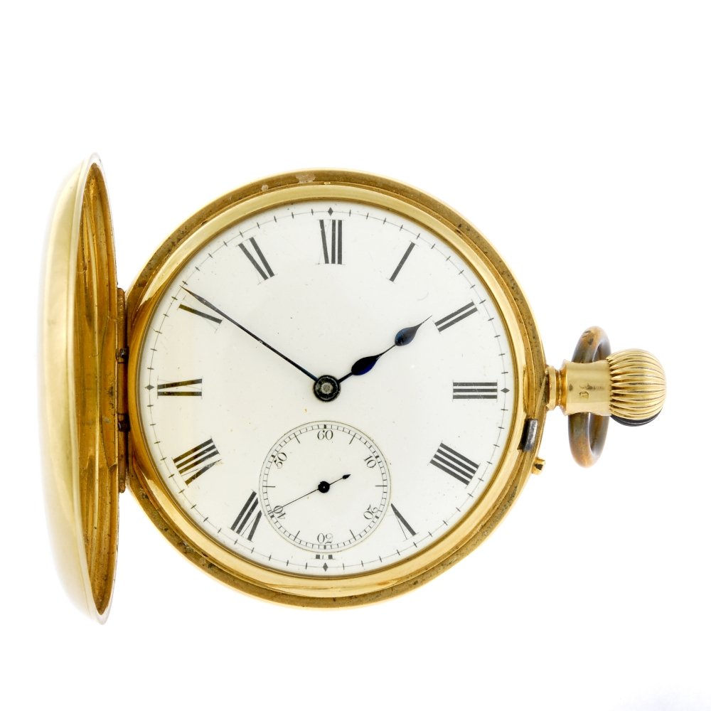 An 18ct gold half hunter pocket watch by C.Lupton.: A half hunter pocket watch by C.Lupton. 18ct yellow gold case with presentation engraving to cuvette, hallmarked London 1884. Signed keyless wind three quarter plate movement with ratchet tooth lever