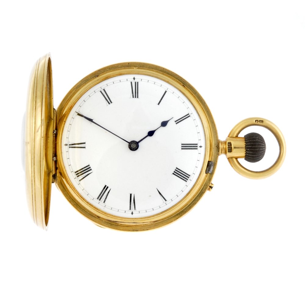 An 18ct yellow gold half hunter pocket watch by John: A half hunter pocket watch by John Rogers. 18ct yellow gold case with an enamelled monogram to rear, hallmarked London 1880. Numbered 3651. Signed three quarter keyless wind movement with ratchet toot