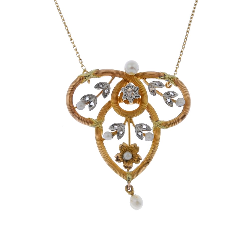 A French gold seed pearl and diamond pendant, on chain. (1 of 4)