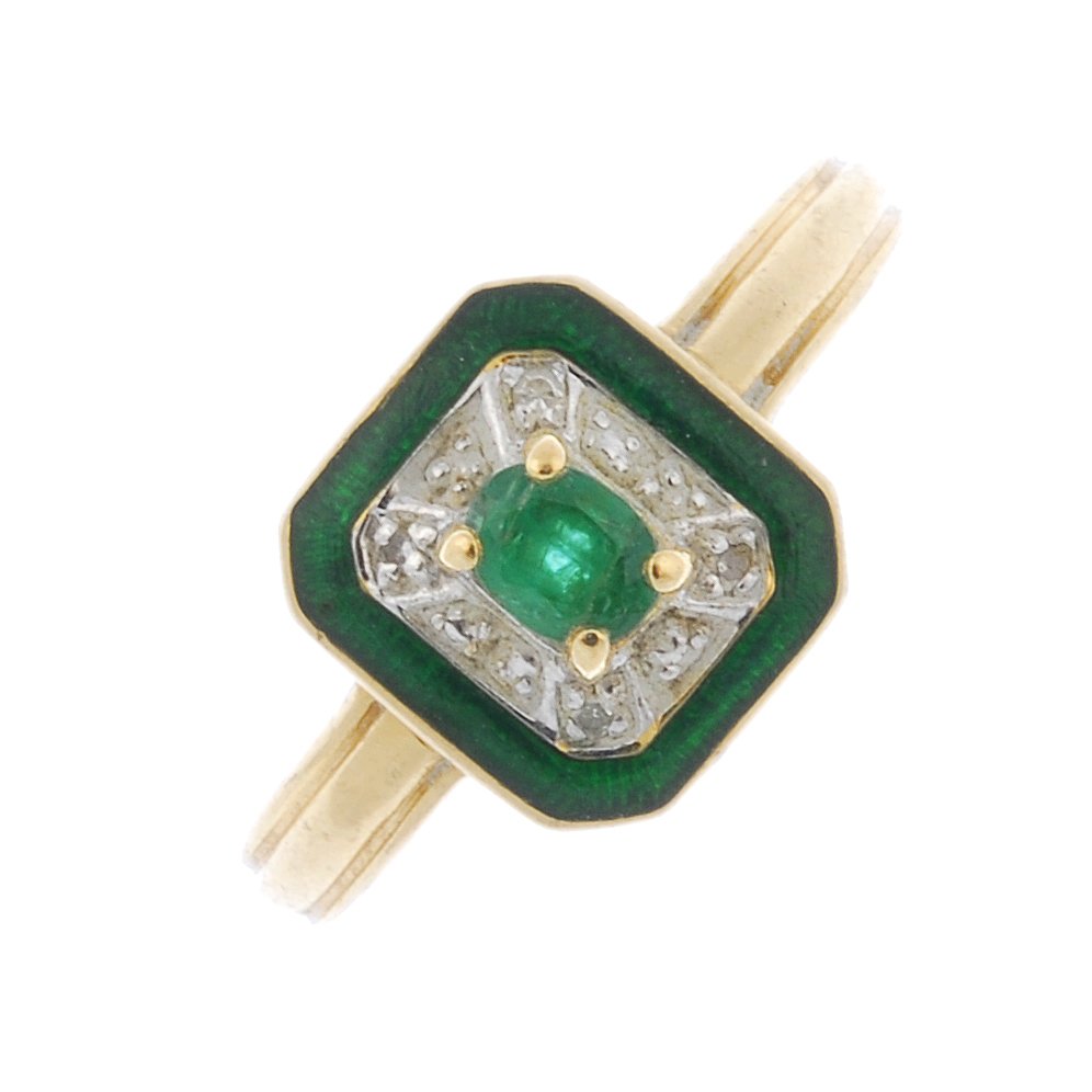 A 14ct gold emerald, diamond and enamel dress ring. (1 of 4)