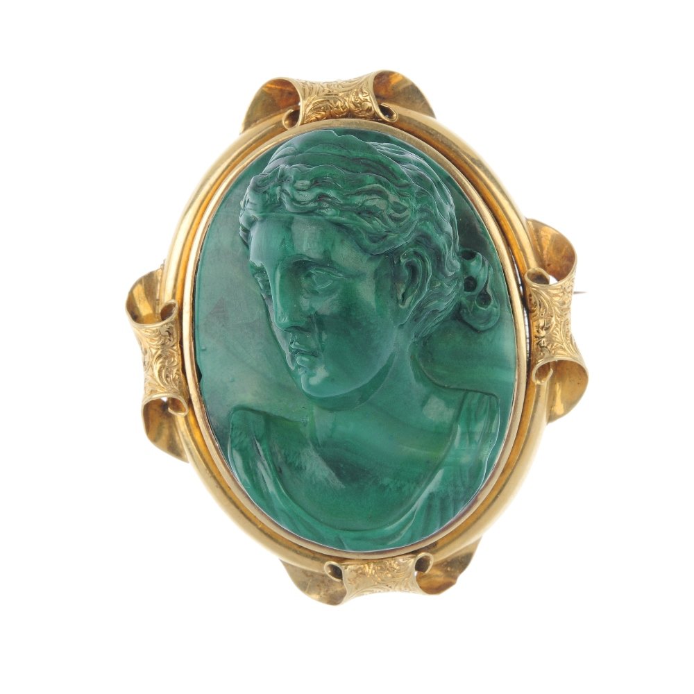 A late Victorian carved malachite memorial brooch. (1 of 2)