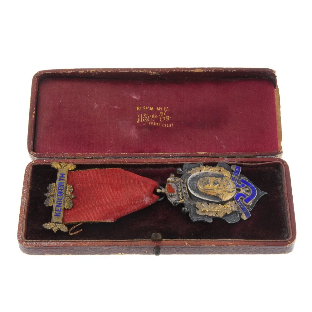 A.O.D., Earl Clarendon Lodge, Kenilworth, Edwardian: A.O.D., Earl Clarendon Lodge, Kenilworth, Edwardian silver and enamel Jewel, presented to 'Bro F. G. Pidgeon in recognition of his services as Most Noble Arch, June 25th 1907', hallmarked Vaughton & S