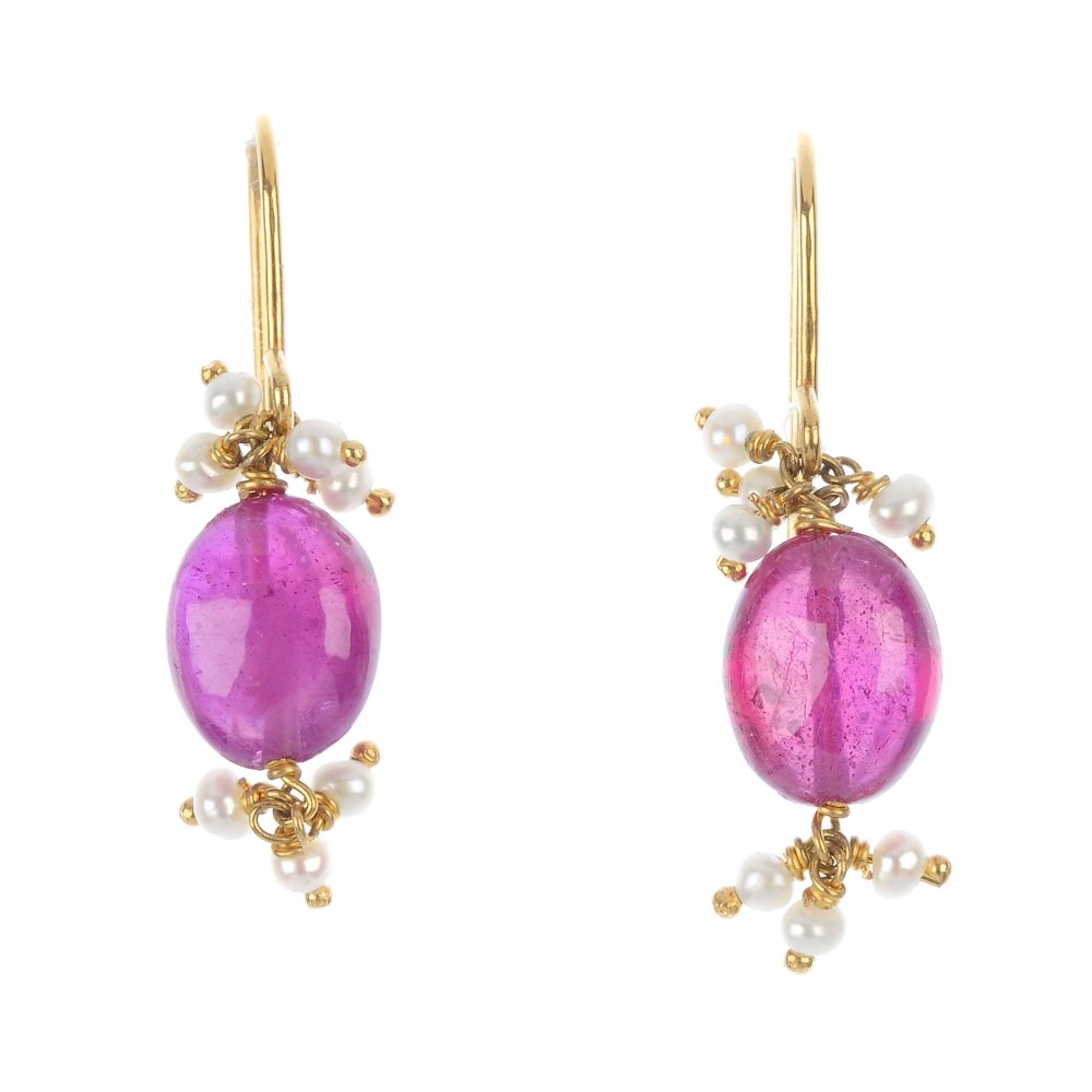 A pair of ruby and seed pearl ear pendants. (1 of 1)