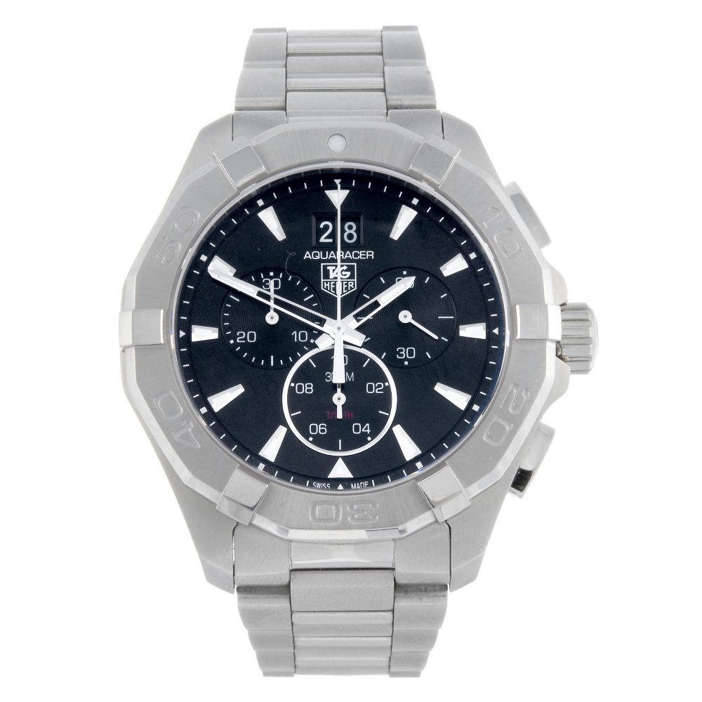 TAG HEUER - a gentleman's stainless steel Aquaracer: TAG HEUER - a gentleman's Aquaracer chronograph bracelet watch. Stainless steel case with calibrated bezel. Reference CAY1110, serial RZR2554. Unsigned quartz movement with quick date set. Black dial