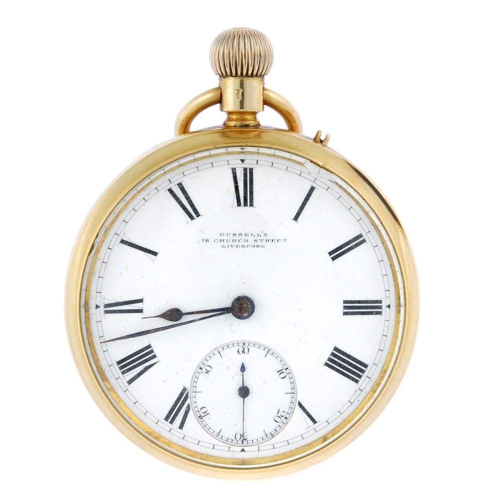 An 18ct gold open faced pocket watch by Russell's,: An open face pocket watch by Russell's, Liverpool. 18ct yellow gold case with personal engraving to cuvette, hallmarked London 1888. Signed keyless wind three quarter plate movement with ratchet tooth