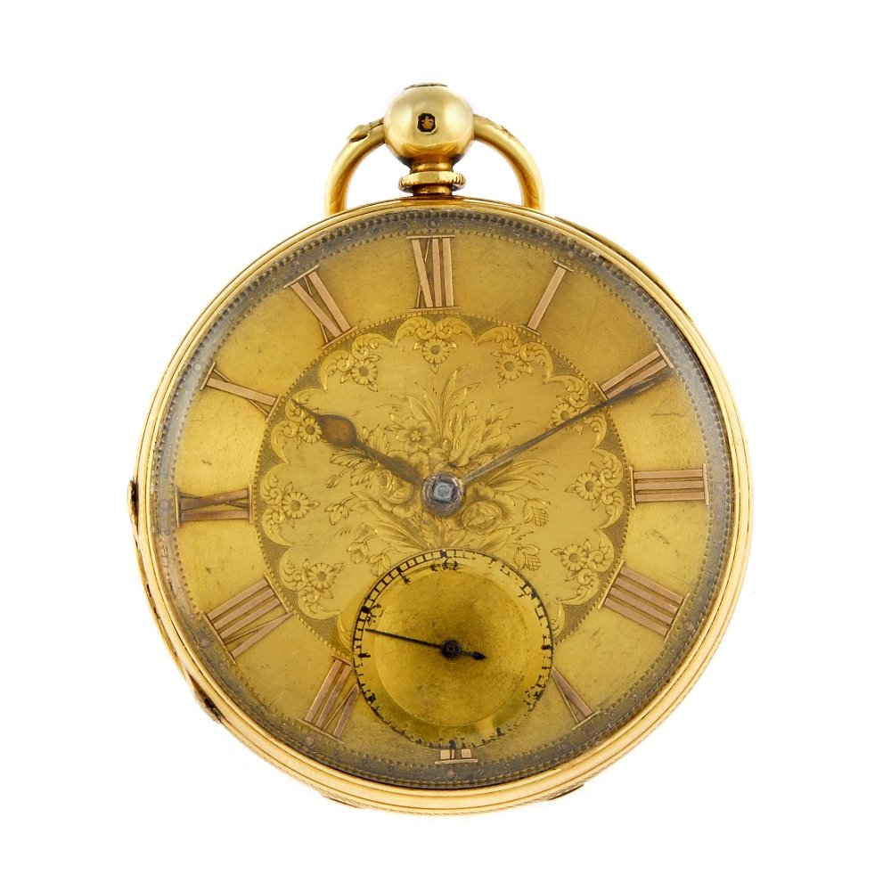 An 18ct gold open face pocket watch by A.Smith: An open face pocket watch by A.Smith. 18ct yellow gold case with engraved cartouche to case back, hallmarked London 1862. Signed key wind full plate fusee and chain movement with ratchet tooth lever e