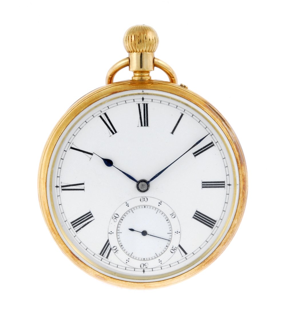An 18ct gold open face pocket watch by George Edwards &: An open face pocket watch by George Edwards & Sons. 18ct gold case, hallmarked London 1873. Signed keyless wind three quarter plate movement with ratchet tooth lever escapement. White enamel dial with