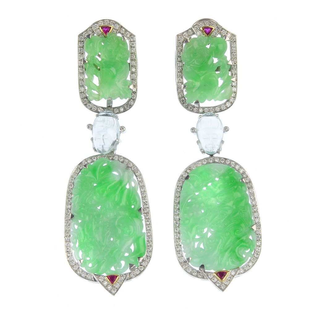 A pair of jade, diamond and gem-set ear pendants. (1 of 2)